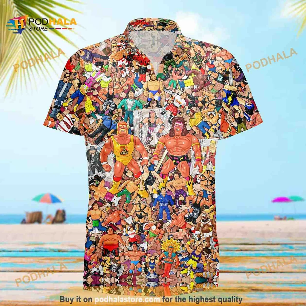 Wrestling Character Collage Hawaiian Shirt Featuring Iconic Wrestlers