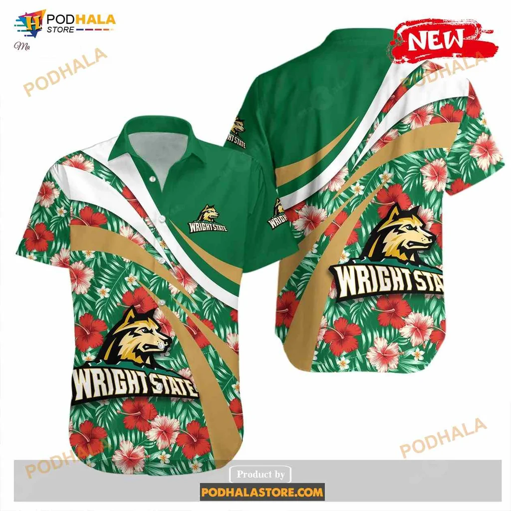 Wright State University Hawaiian Shirt With Hibiscus Flowers And Logo