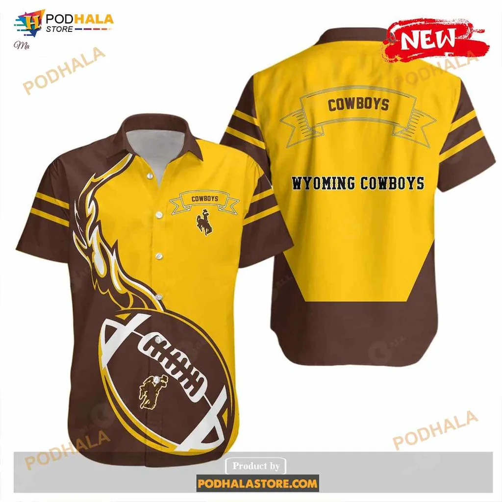 Wyoming Cowboys Hawaiian Shirt With Football Graphic And Flame Design