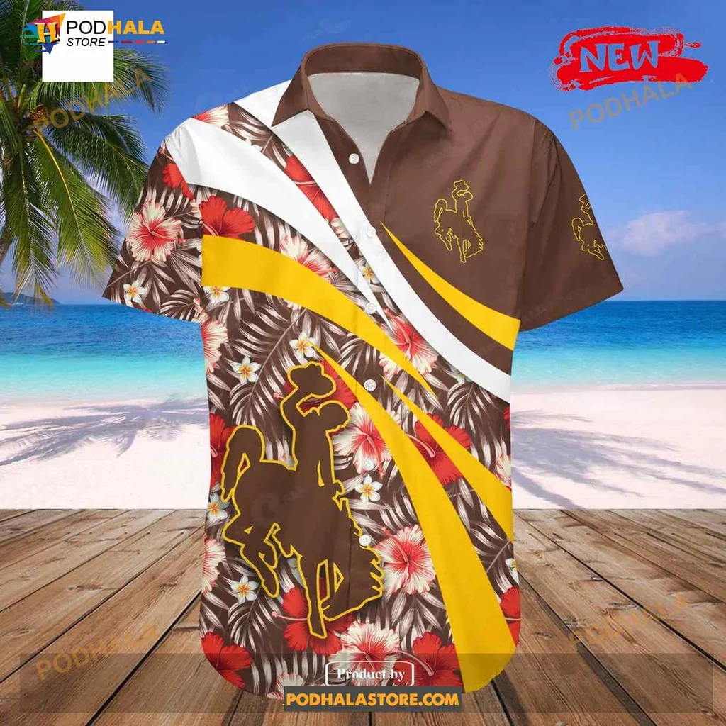 Wyoming Cowboys Aloha Shirt With Hibiscus Flowers And Cowboy Silhouette Wyoming Cowboys Aloha Shirt With Hibiscus Flowers And Cowboy Silhouette