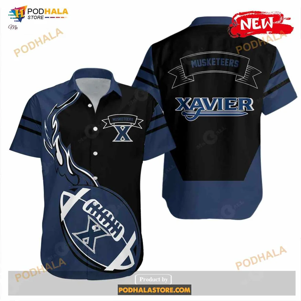 Xavier Musketeers Hawaiian Shirt With Bold Football And Flame Design