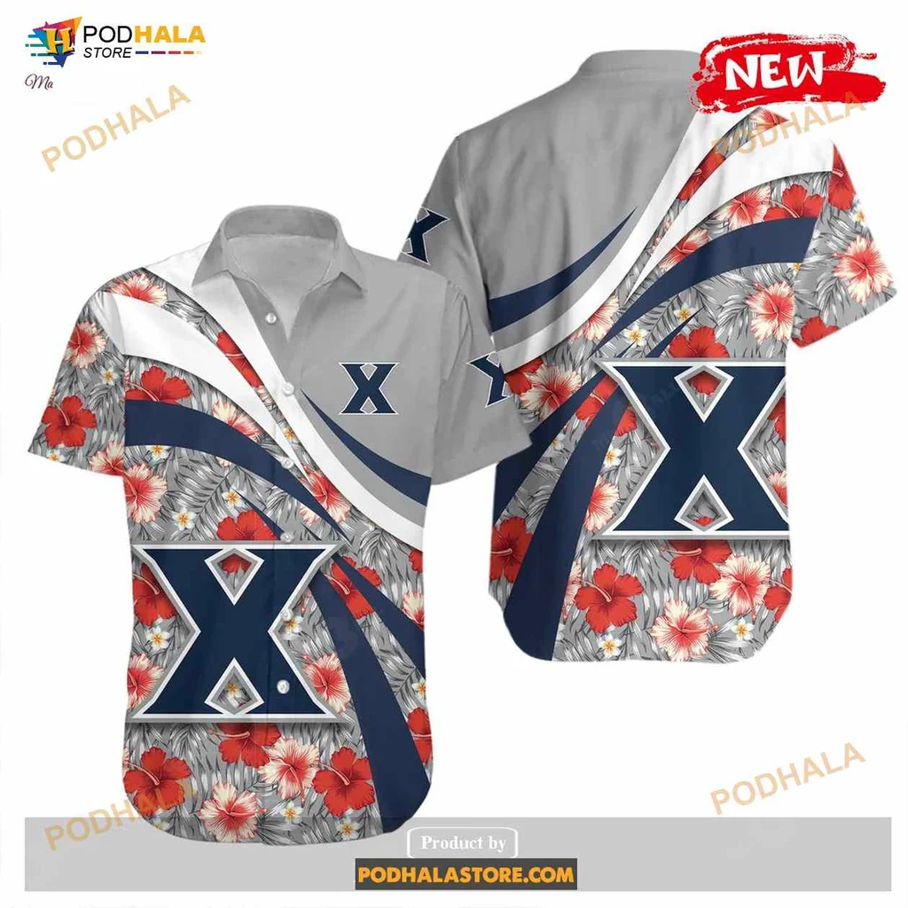 Xavier Musketeers Hawaiian Shirt With Hibiscus Flowers And Sporty Design