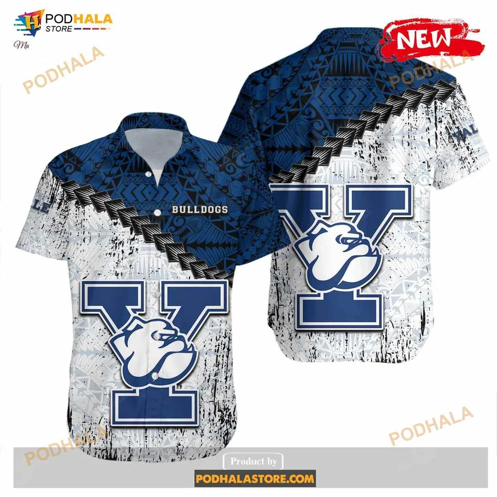Yale Bulldogs Hawaiian Shirt With Grunge Polynesian Tattoo Design