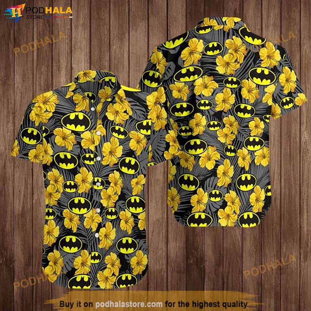 Yellow Batman Hawaiian Shirt, Tropical Hibiscus Design For Comic Fans