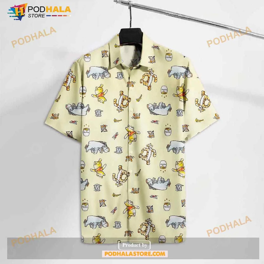 Yellow Bear Cartoon Hawaiian Shirt With Playful Design And Colorful Characters