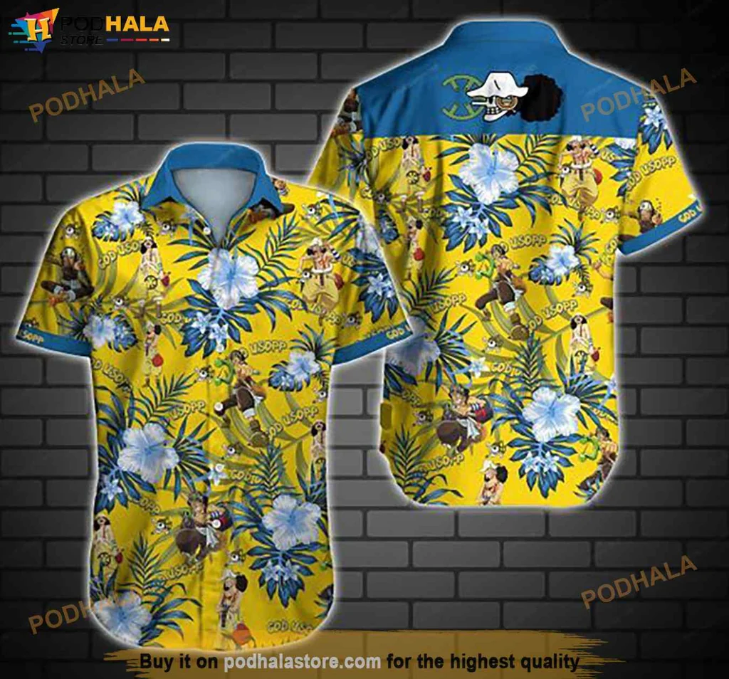 Yellow Cartoon Character Hawaiian Shirt, Funny Usopp Design With Hibiscus Flowers