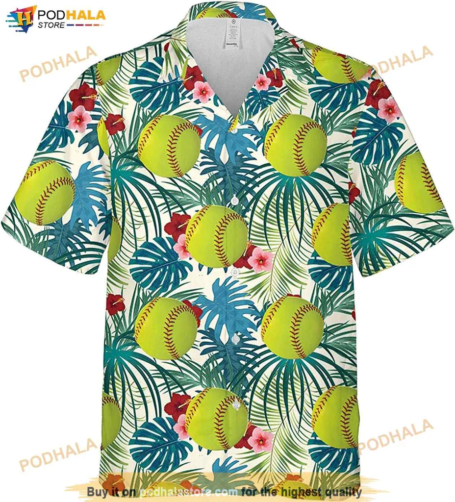Yellow Softball Hawaiian Shirt, Vibrant Tropical Design With Palm Leaves And Hibiscus