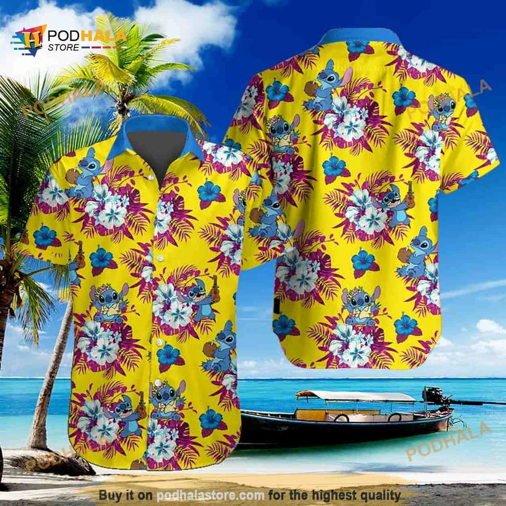 Yellow Stitch Tropical Hawaiian Shirt With Hibiscus Flowers