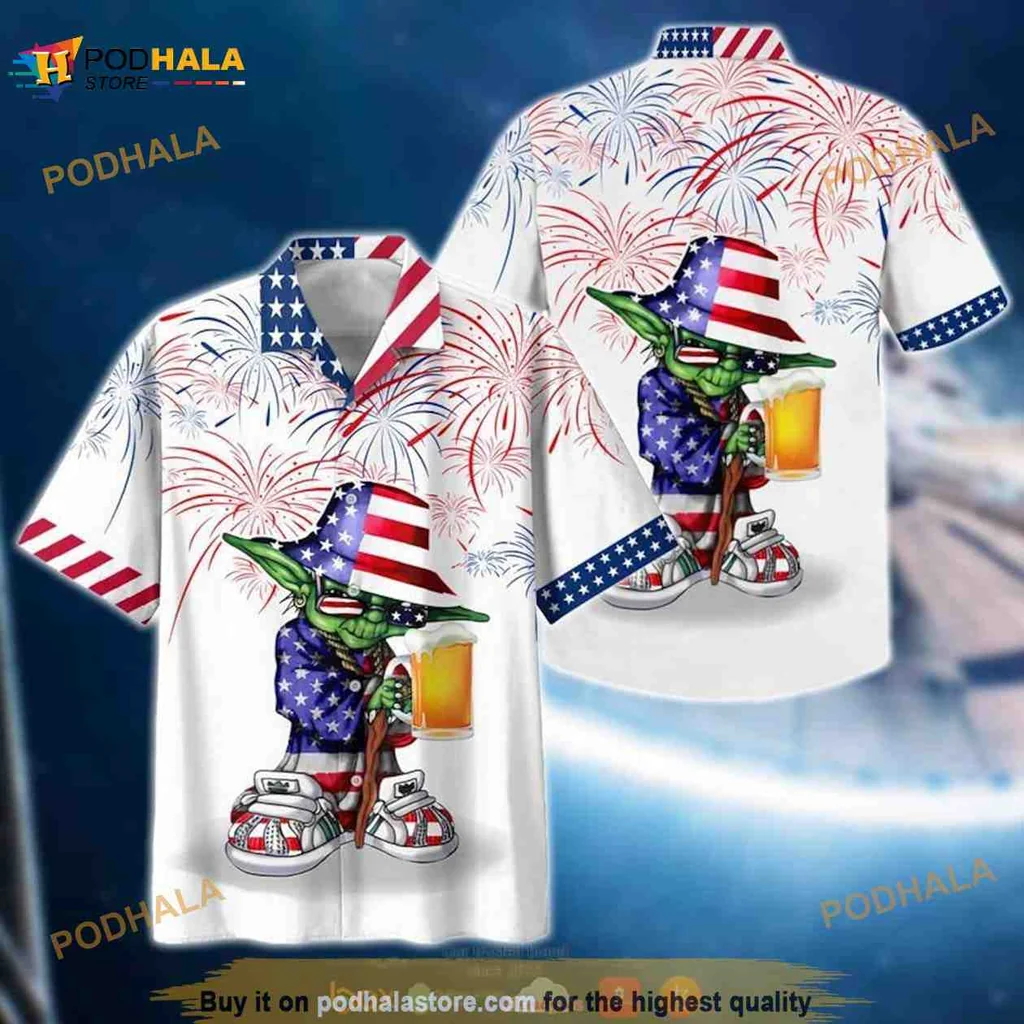 Yoda American Flag Hawaiian Shirt With Colorful Fireworks Design