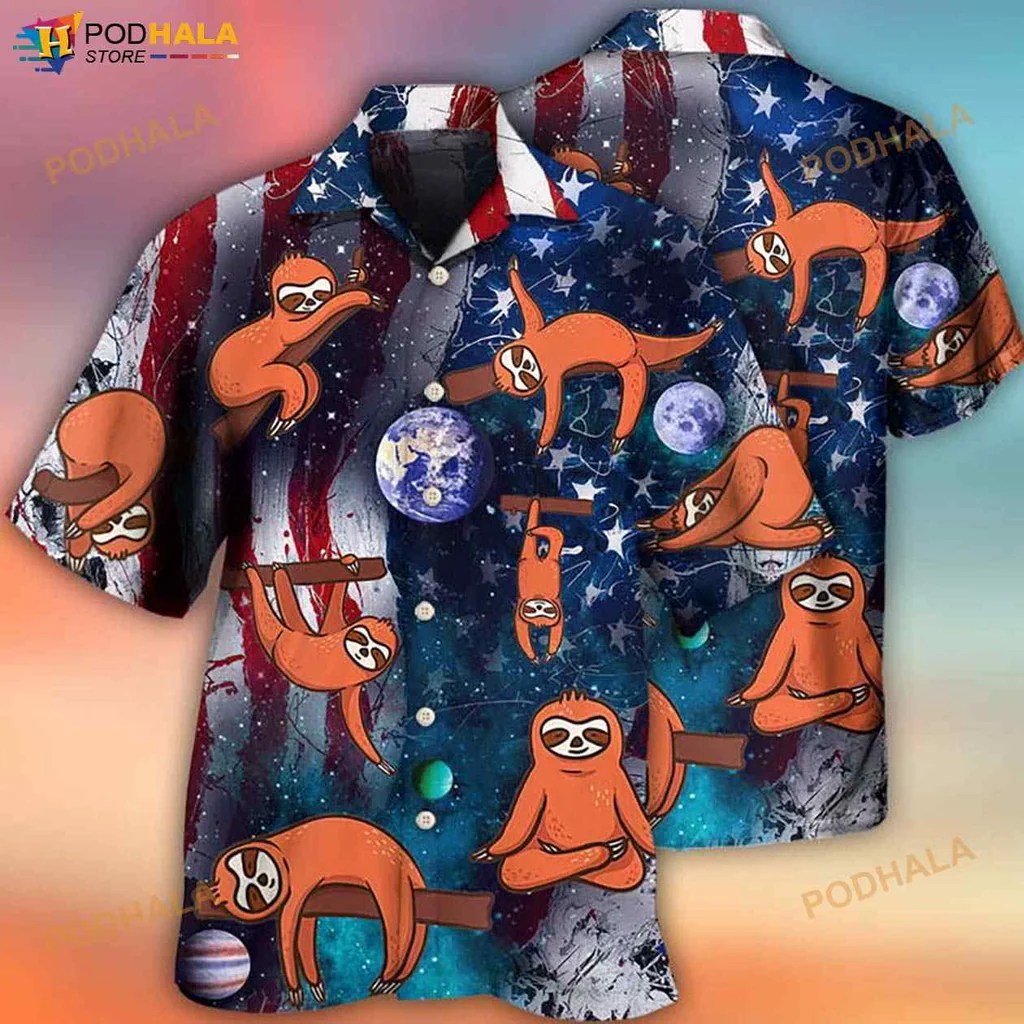 Yoga Sloth Patriotic Hawaiian Shirt With Cosmic Background And American Flag