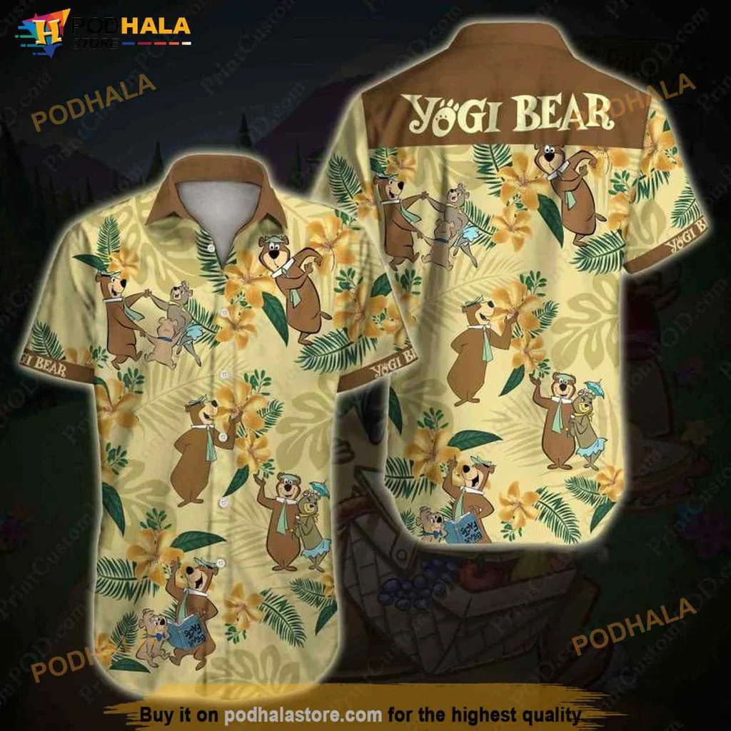 Yogi Bear Tropical Hawaiian Shirt With Cartoon Bears And Lush Greenery
