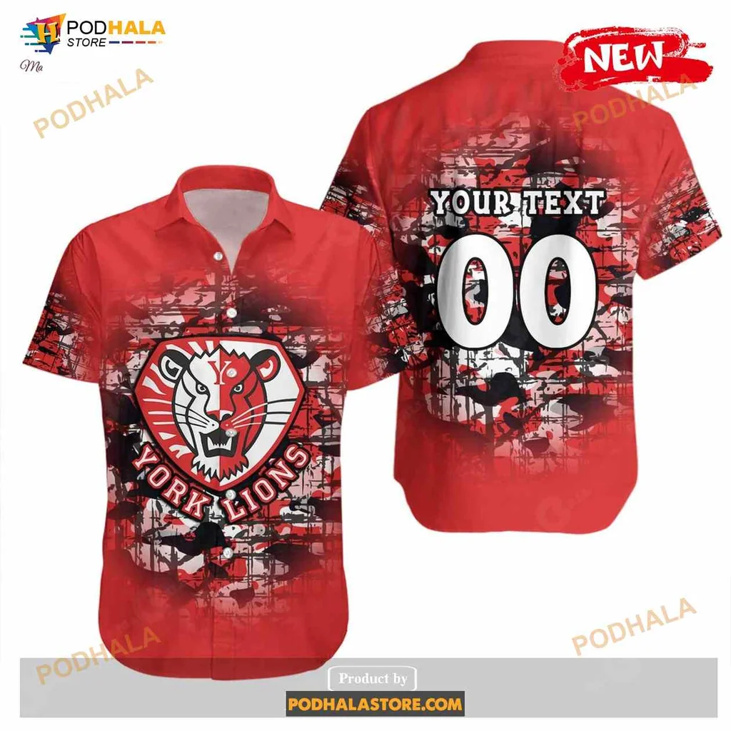 York Lions Camouflage Hawaiian Shirt With Fierce Lion Graphic