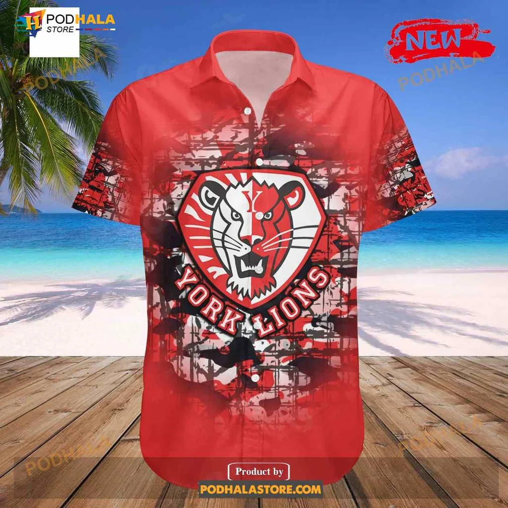 York Lions Camouflage Aloha Shirt With Fierce Lion Graphic York Lions Camouflage Aloha Shirt With Fierce Lion Graphic