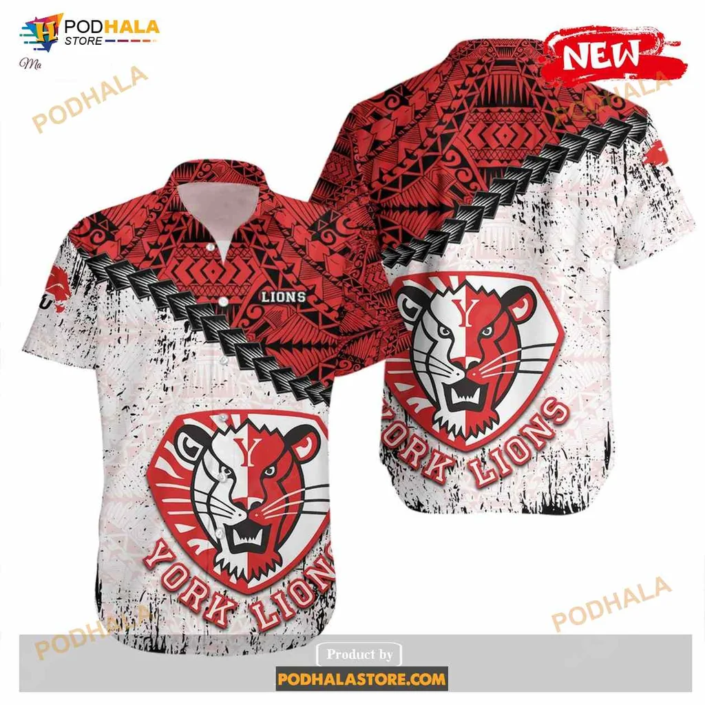 York Lions Hawaiian Shirt With Grunge Pattern And Polynesian Motifs
