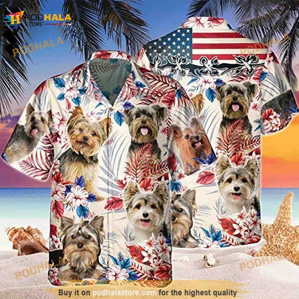Yorkshire Terrier Independence Day Hawaiian Shirt With Tropical Design