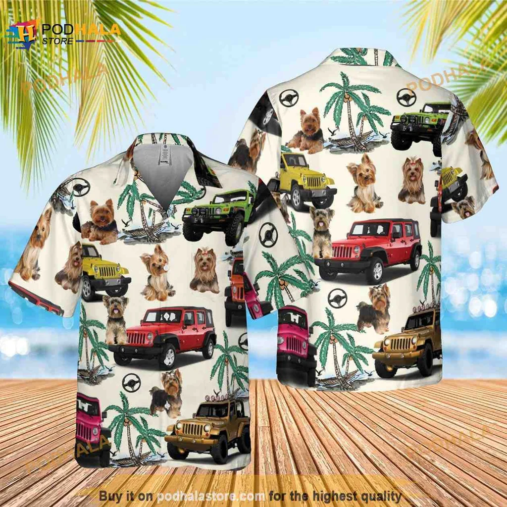 Yorkshire Terrier Tropical Aloha Shirt With Colorful Vehicles And Palm Trees