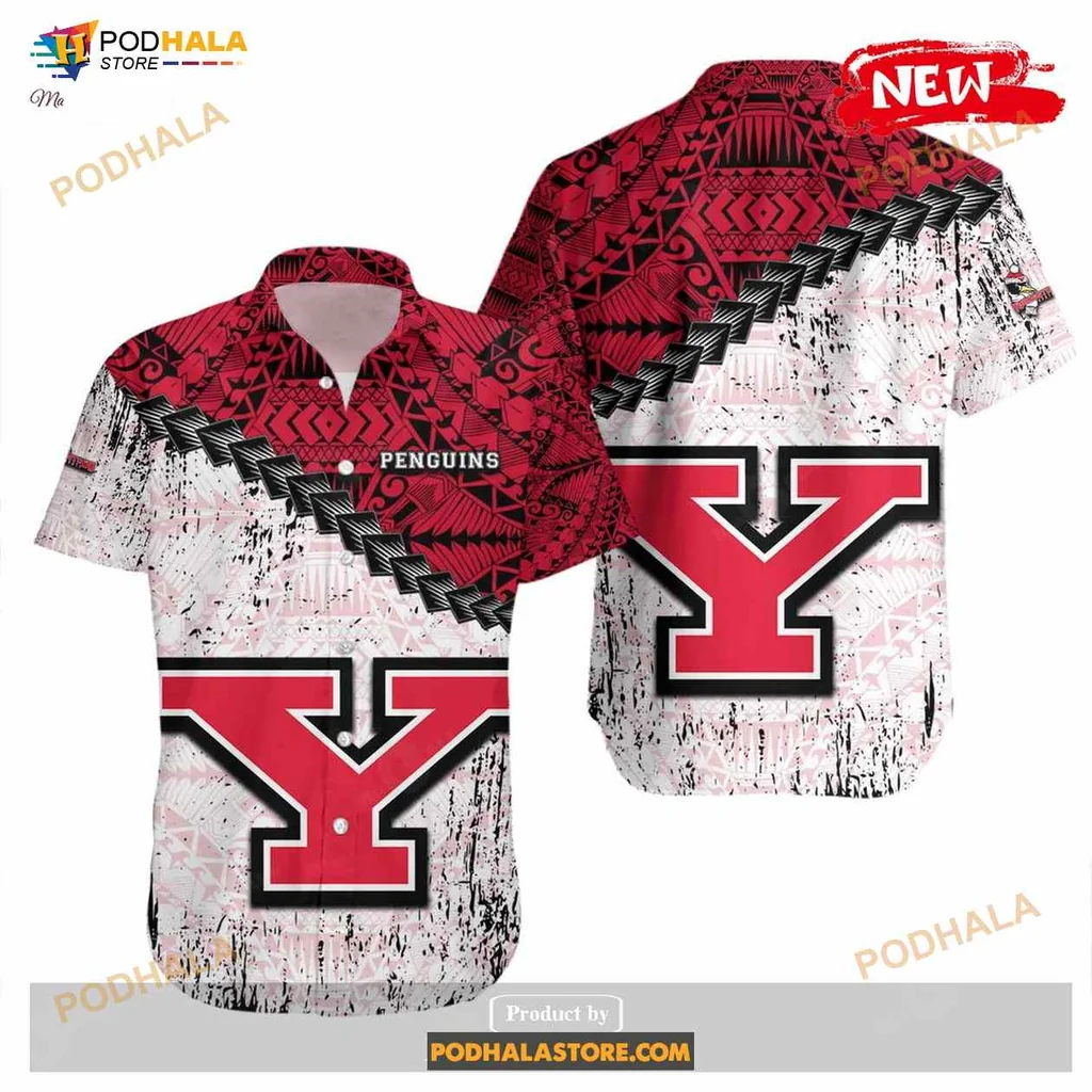 Youngstown State Penguins Hawaiian Shirt With Grunge Polynesian Tattoo Design
