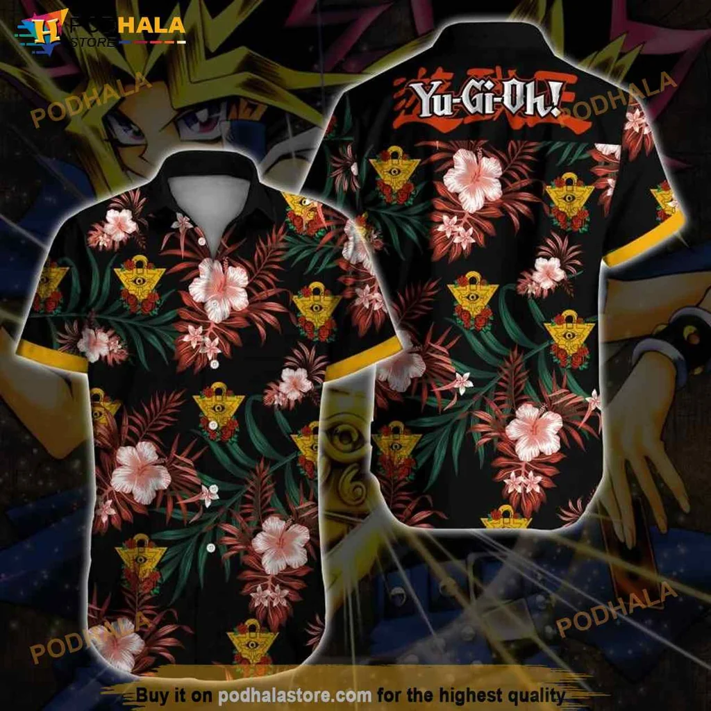 Yu Gi Oh Hawaiian Shirt With Colorful Hibiscus And Pyramid Emblem