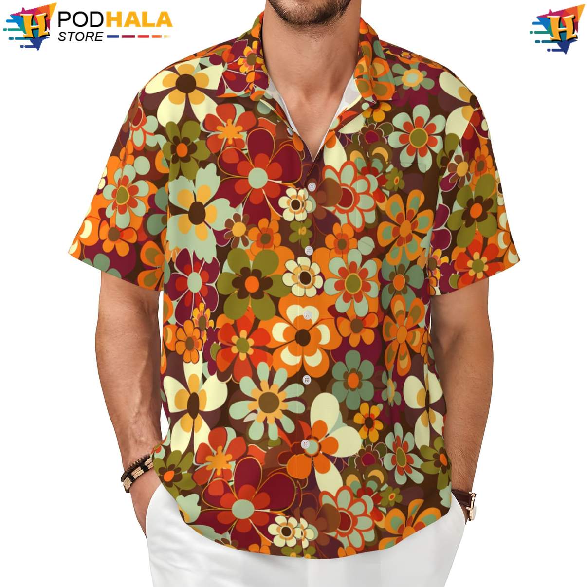 70s Floral Hawaiian Shirt Retro Hippie Mens Short Sleeve Beach Outfit