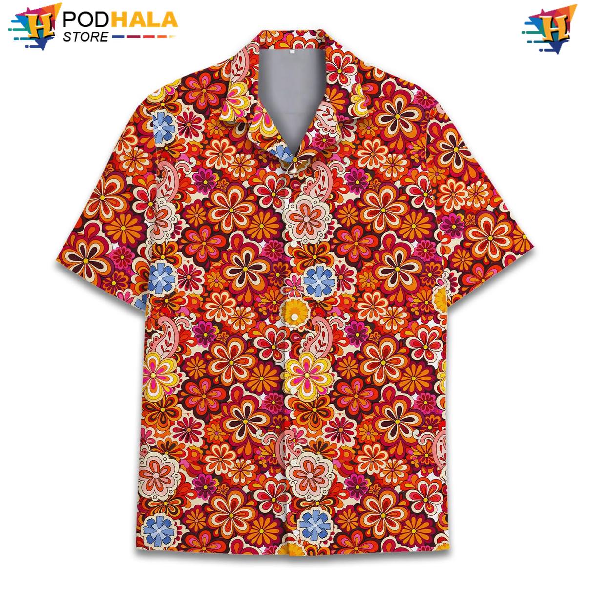 70s Flower Hawaiian Shirt Multicolor Mens Short Sleeve Summer Beachwear