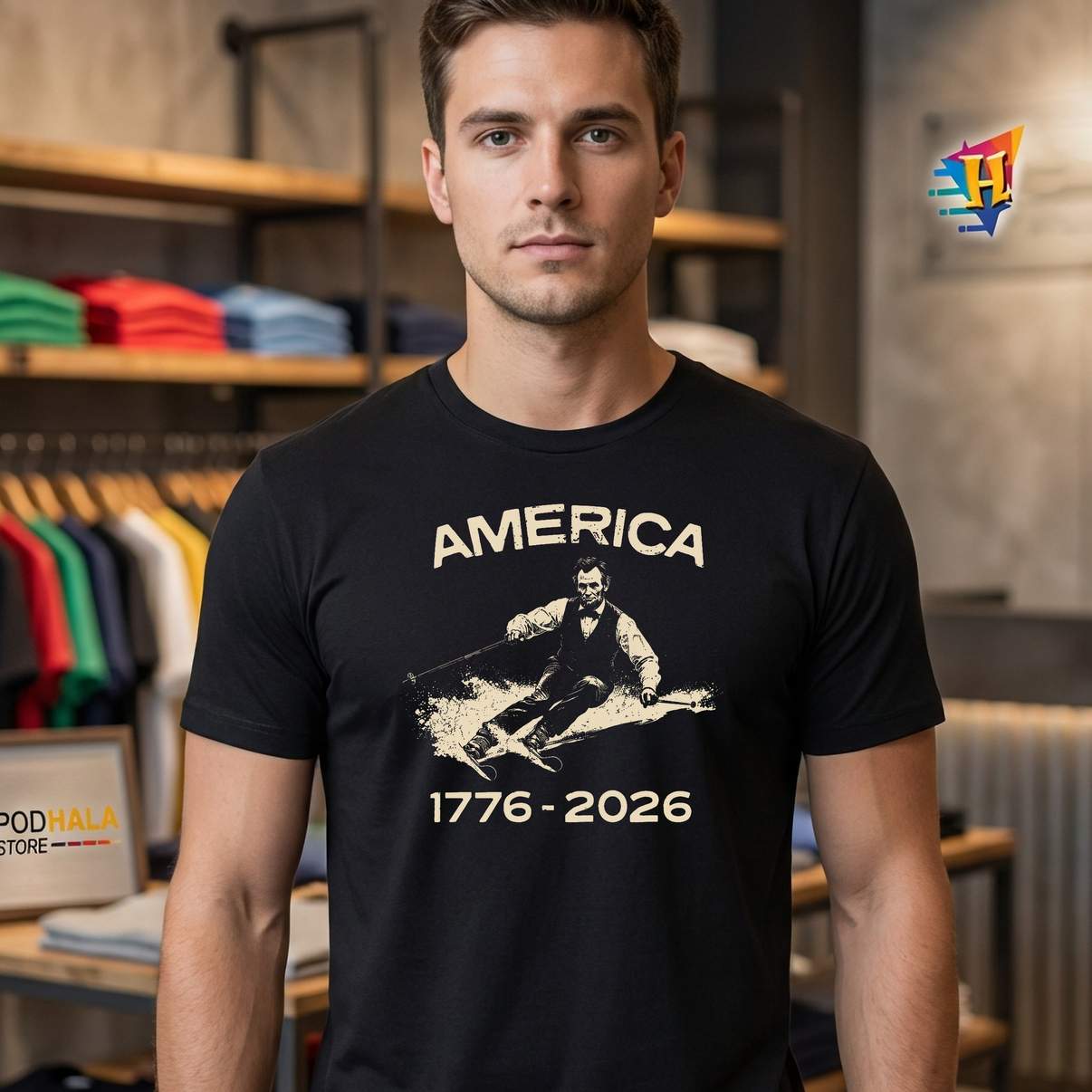 Abraham Lincoln Skiing Shirt Vintage America 250th Anniversary Mens Apparel