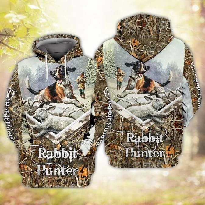 Active Beagle Rabbit Hunter 3d Hoodie Featuring Forest Scene And Hunters