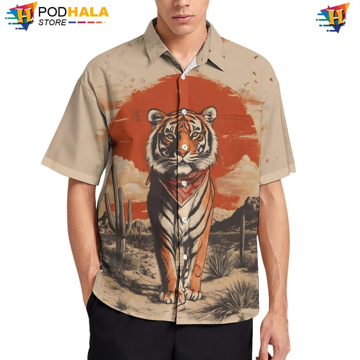 Adventurous Tiger Aloha Shirt, Retro Printed Mens Button Down Shirt For Summer Beach Fun
