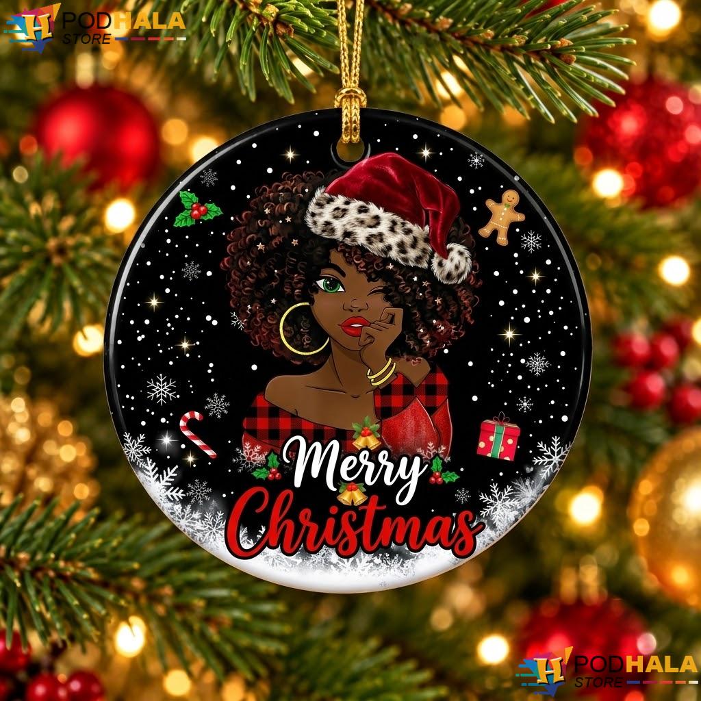 African American Girl Christmas Ornament Black Melanin Santa Hat Xmas