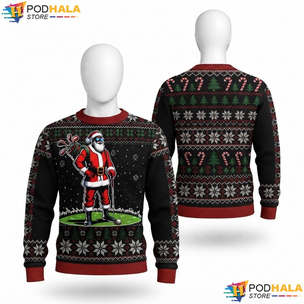 African American Santa Golf Ugly Christmas Sweater Funny Mens Top