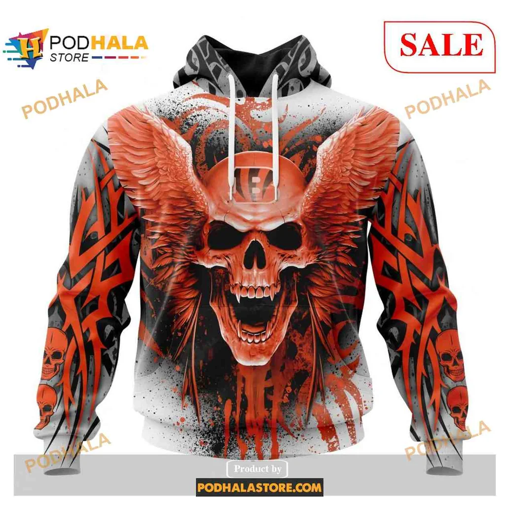 Aggressive Cincinnati Bengals Skull Wings 3d Hoodie With Bold Red Design