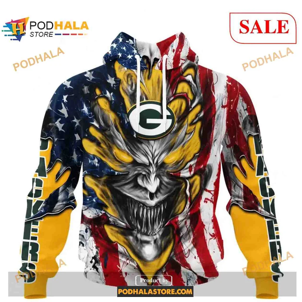 Aggressive Green Bay Packers Demon Face Hoodie With American Flag Design