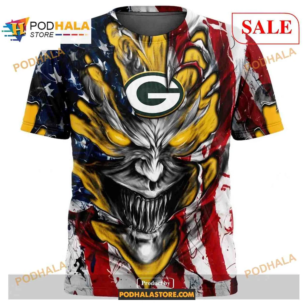 Aggressive Green Bay Packers Demon Face Hoodie With American Flag Design - View 1 Aggressive Green Bay Packers Demon Face Hoodie With American Flag Design - View 1