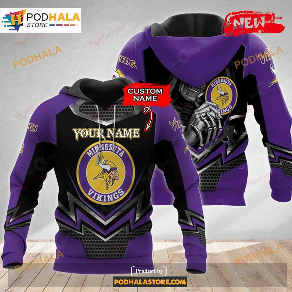 Aggressive Minnesota Vikings Skull Hoodie With Custom Name Section
