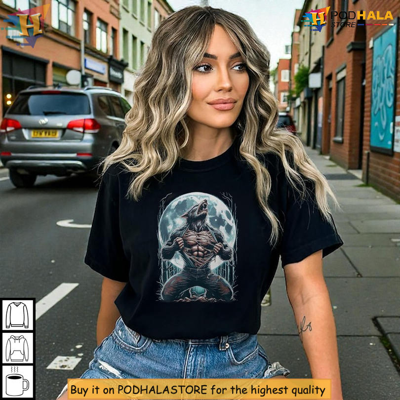 Aggressive Moon Meme Style Tee Highlighted With Wolf Ripping Shirt Trend
