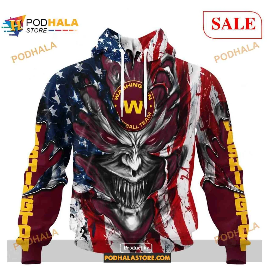 Aggressive Washington Commanders Demon Face 3d Hoodie With American Flag Design