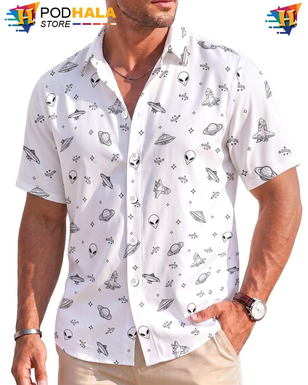 Alien Pattern Aloha Shirt Mens Tropical Stretch Lightweight Beach Resort Gear