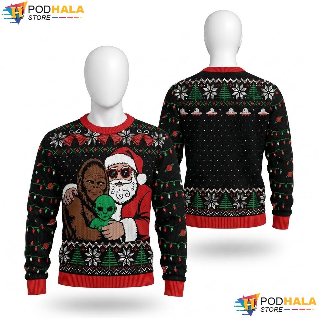 Alien Santa Bigfoot Ugly Christmas Sweater Funny Festive Mens Top