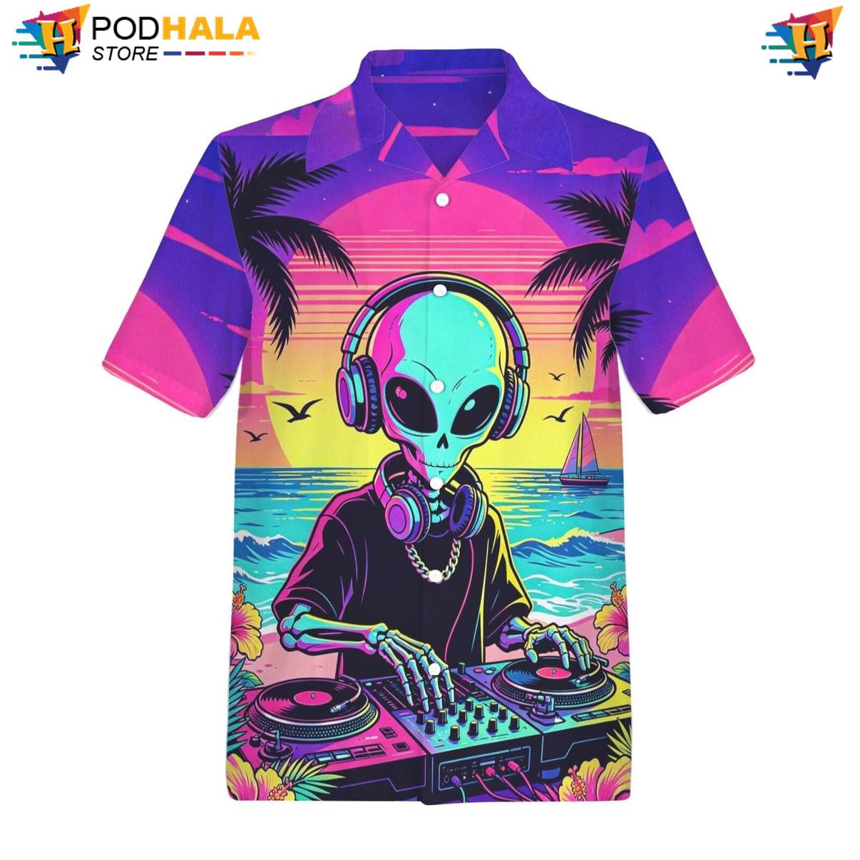 Alien Skull Funny Hawaiian Shirt Mens Summer Beach Party Festival Apparel