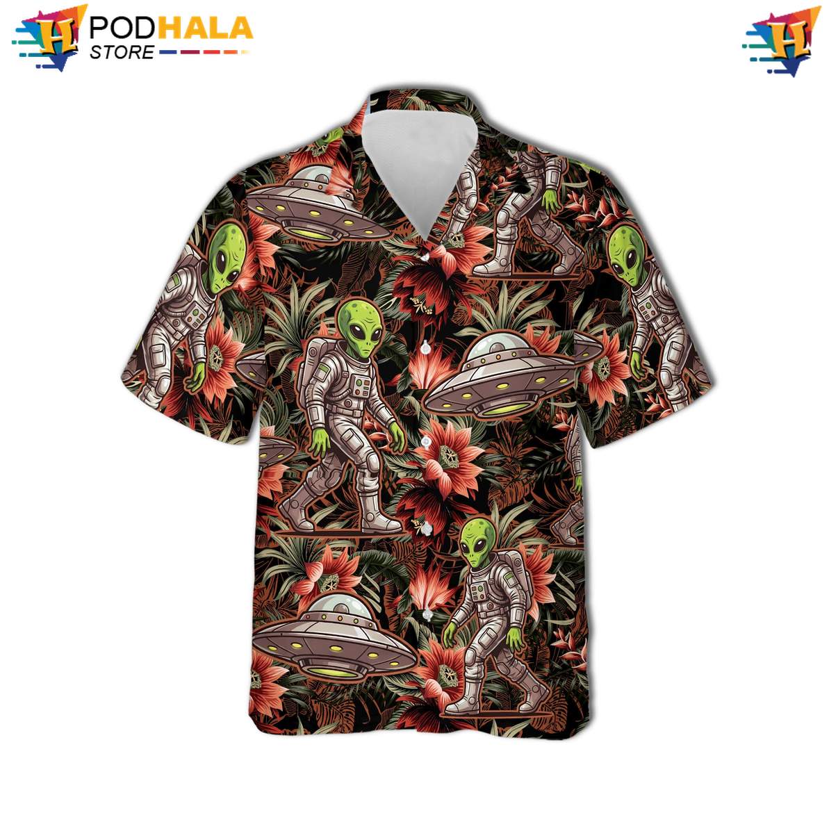 Alien Ufo Hawaiian Shirt Mens Tropical Beach Button Down Holiday Outfit