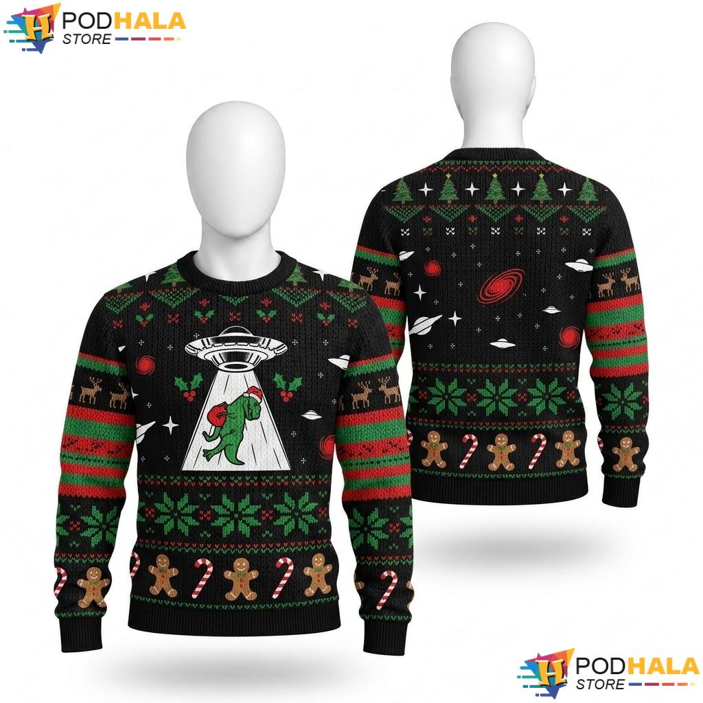 Alien UFO T Rex Abduction Christmas Sweater Dinosaur Ugly Xmas Top