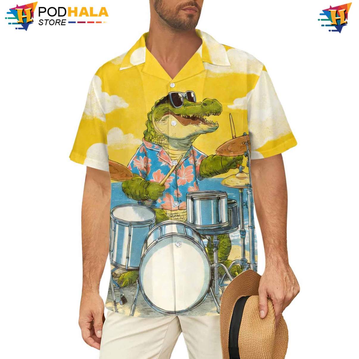 Alligator Drum Set Hawaiian Shirt Mens Yellow Funny Summer Beach Apparel