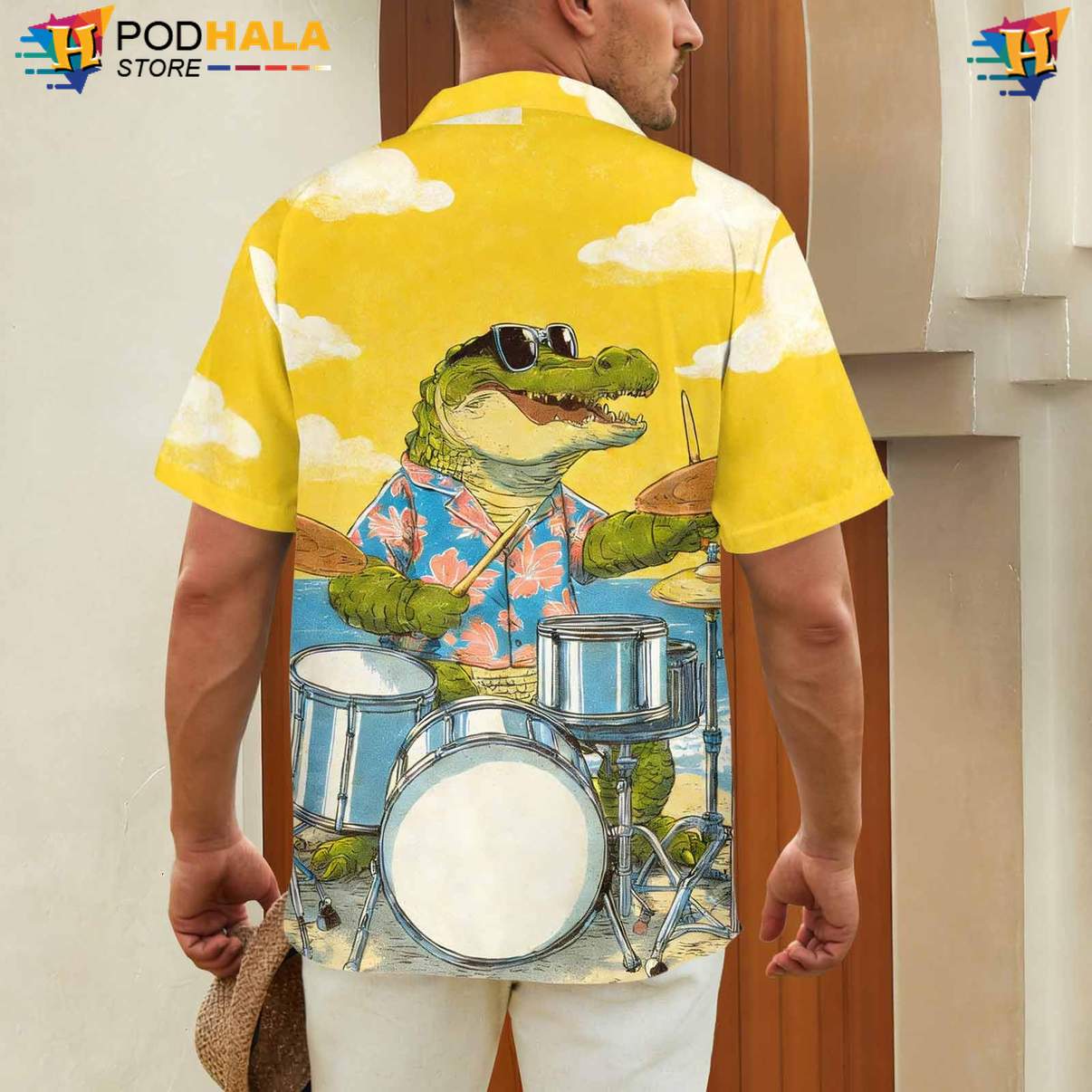 Alligator Drum Set Aloha Shirt Mens Yellow Funny Summer Beach Apparel Alligator Drum Set Aloha Shirt Mens Yellow Funny Summer Beach Apparel