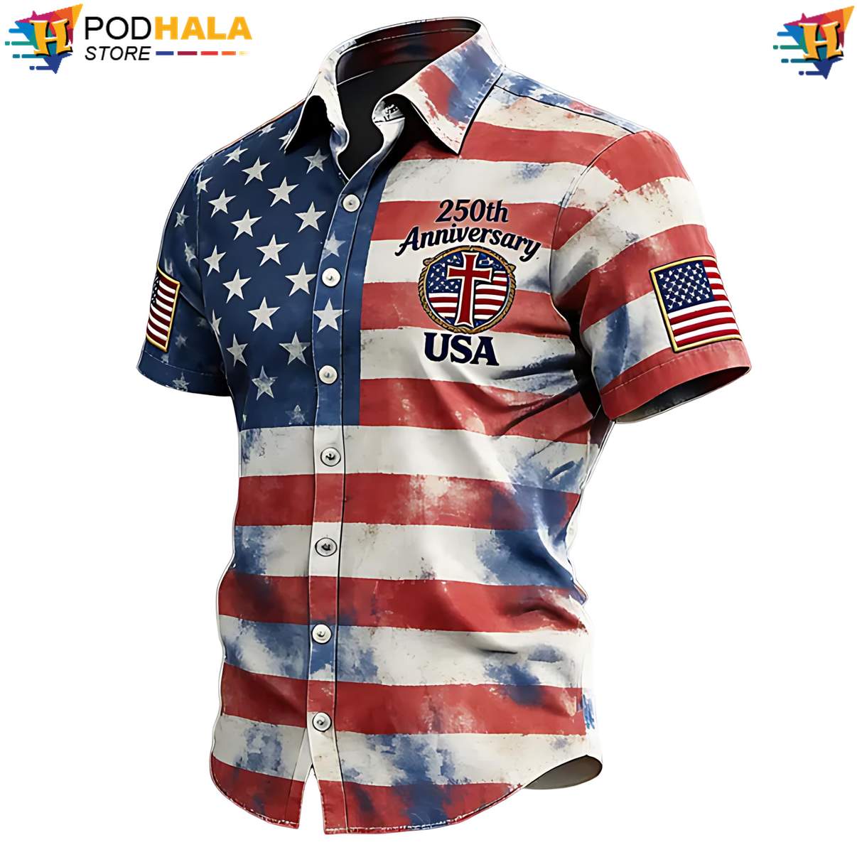 America 250th Celebration Aloha Shirt US Flag 1776 Patriotic Mens Outfit