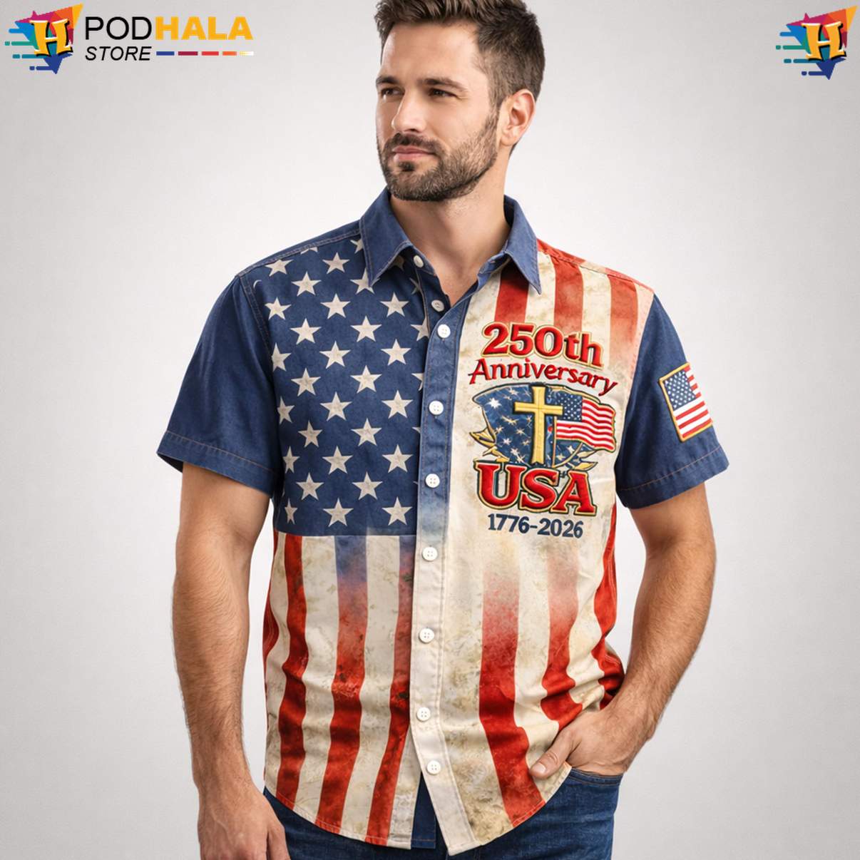 American Flag 1776 Aloha Shirt US 250th Anniversary Patriotic Mens Outfit