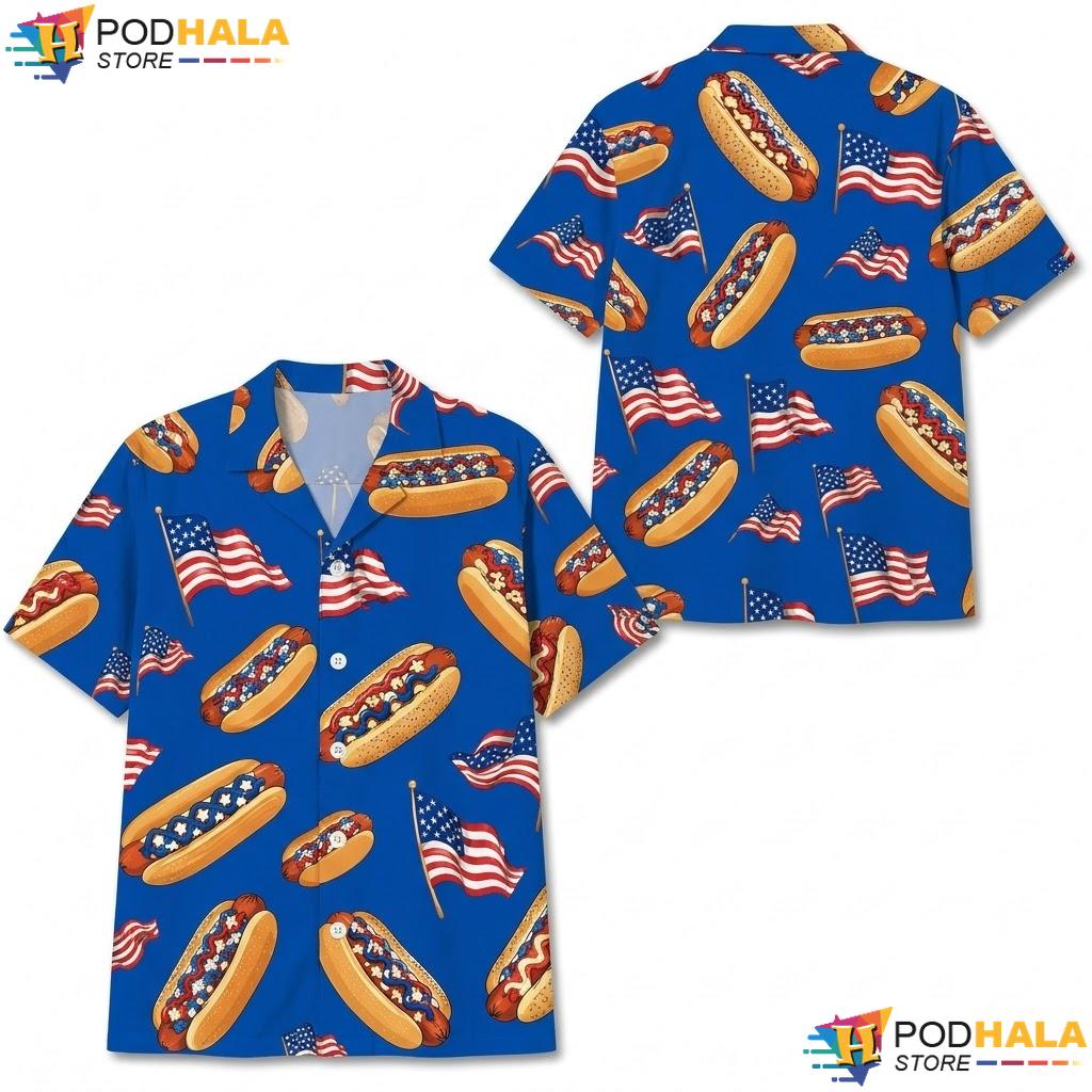American Flag Hot Dog Hawaiian Shirt Proud Patriotic Summer Casual Top