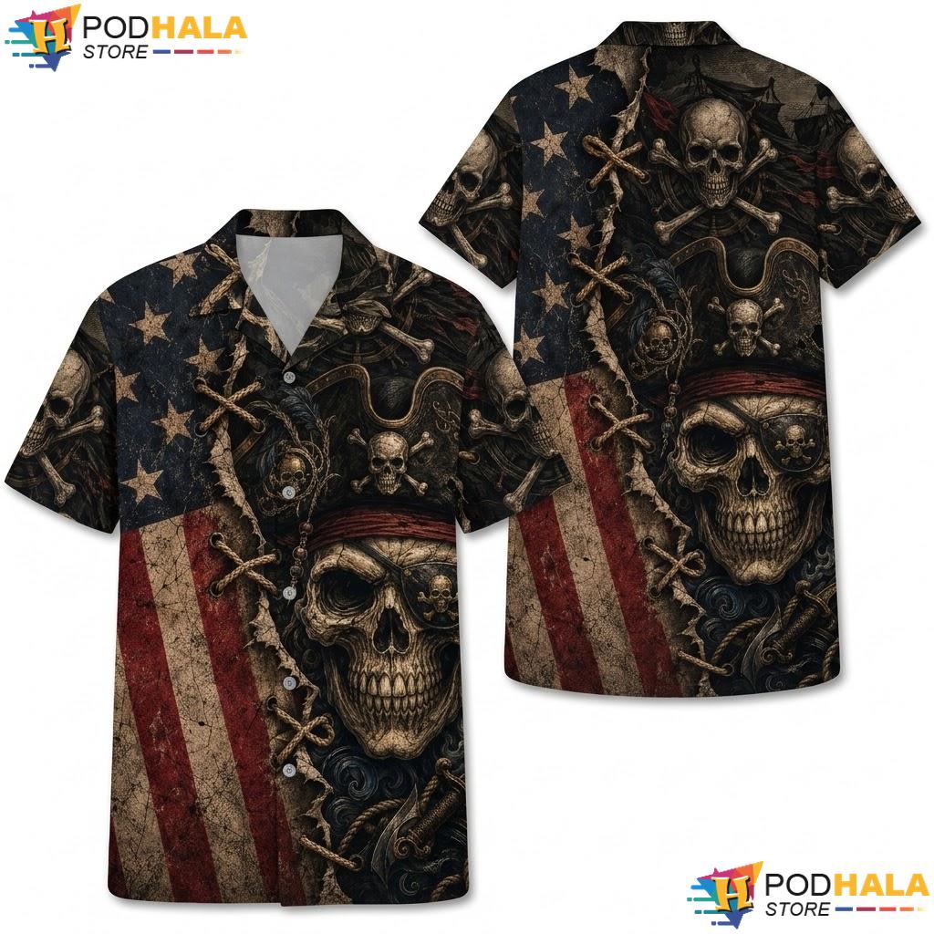 American Flag Pirate Aloha Shirt Edgy Skull Graphic Mens Casual Apparel