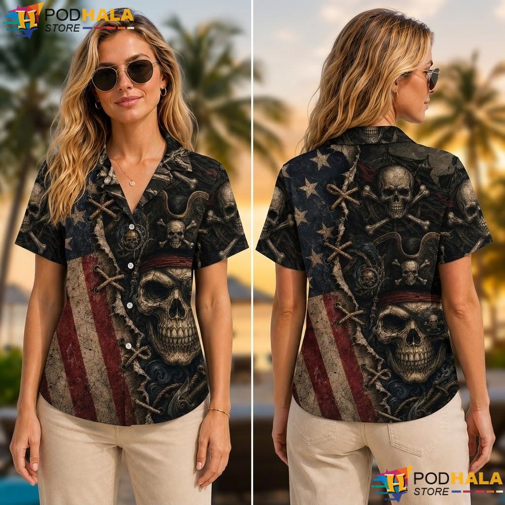 American Flag Pirate Tropical Shirt Edgy Skull Graphic Mens Casual Apparel American Flag Pirate Tropical Shirt Edgy Skull Graphic Mens Casual Apparel