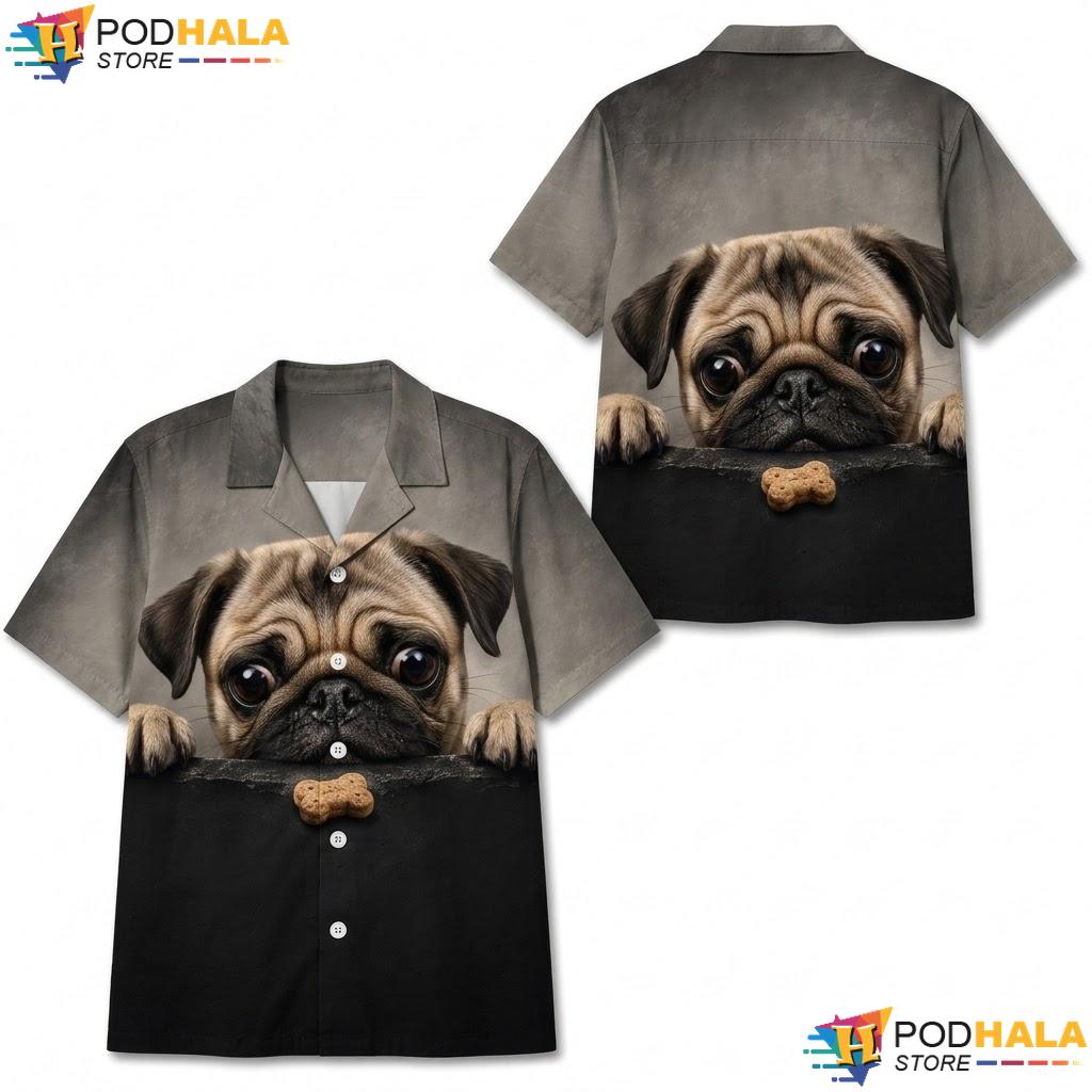 American Flag Pug Aloha Shirt Graphic Short Sleeve Mens Summer Button Up