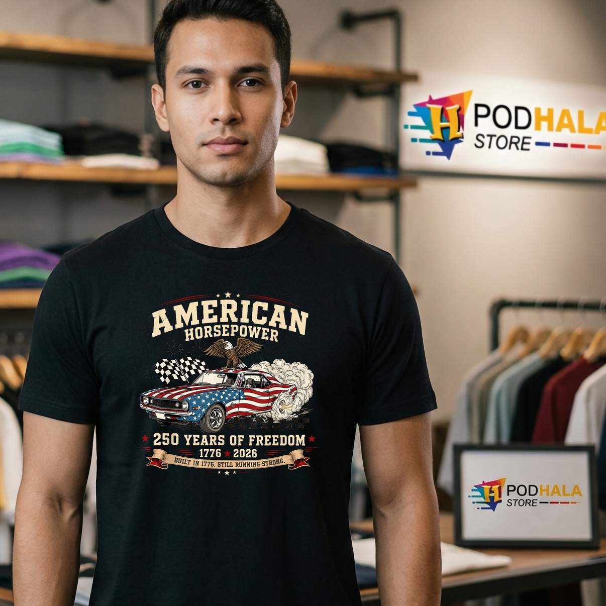 American Horsepower Muscle Car Shirt 250 Years Of Freedom Apparel