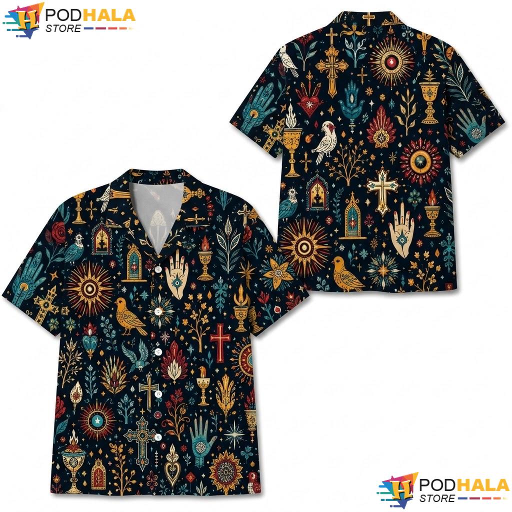 Artistic Floral Cross Aloha Shirt Eclectic Short Sleeve Summer Button Up